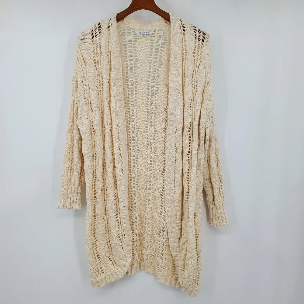 American Eagle Cream Open Knit Cable Longline Cardigan Sweater Medium Boho Chic